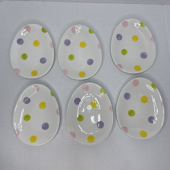 Set 6 Tag Pastel Polka Dot Easter Egg Oval Shape Appetizer Dessert Plates 6" - Picture 2 of 6